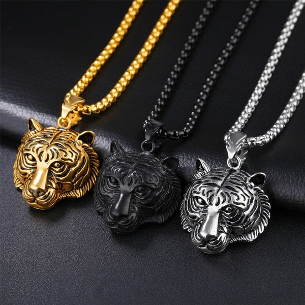 Gold/Black/Silver Color Stainless Steel Tiger Pendant Necklace Punk Men Charm Animal Tiger Head Pendant Male Fashion Jewelry