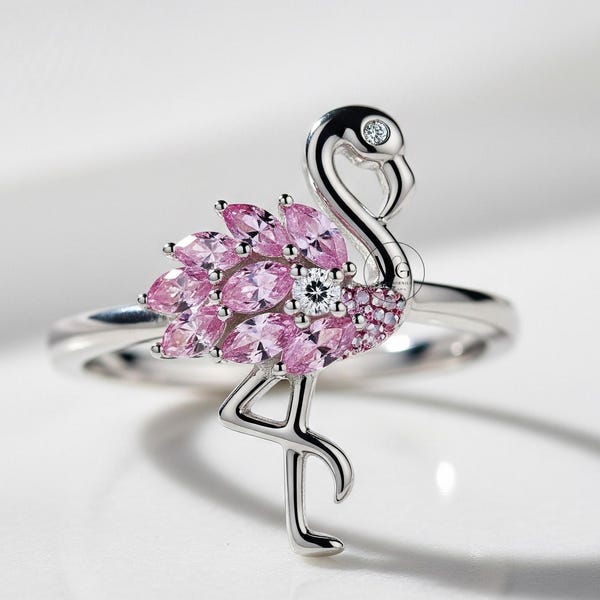 Flamingo Bird Engagement Ring, Pink Sapphire Gemstone Ring, Round & Marquise Cut Wedding Ring, Prong Set Ring, Bezel Set Eye Ring, 925Silver