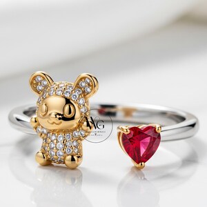 Cute Tiny Cartoon Ring, Open Cuff Two Tone Wedding Ring, Pink Ruby Gemstone Ring, Heart & Round Shape Engagement Ring, Adjustable Ring