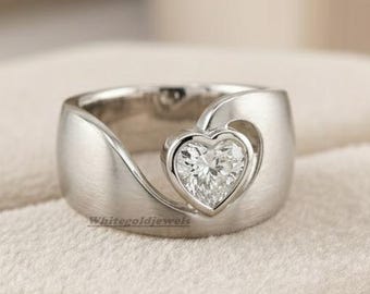 Diamond Wide Band, Heart Shape Moissanite Diamond Ring, Bezel Set Solitaire Band, Modern Statement Band, 925 Silver Anniversary Gift For Her