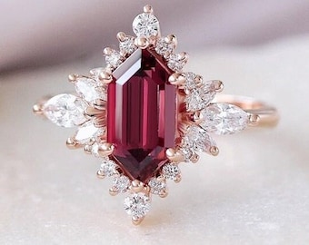 Vintage Art Deco Cluster Ring, Red Ruby Hexagon Cut Gem Stone Wedding Ring, Multi Stone Floral Gem Stone Ring, Gift For Her, 14K Gold Ring