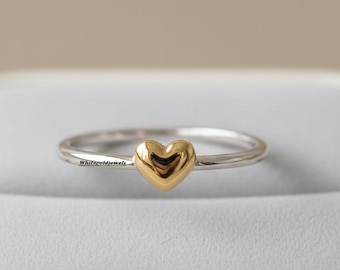 Dainty Heart Shaped Promise Ring, Delicate Heart Shaped Engagement Ring, Minimalist Two Tone Ring, Daily Wear 925 Silver Ring, Gift For Her