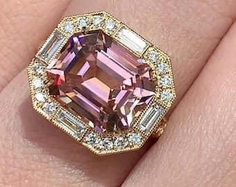 Vintage Cluster Halo Ring, East To West Emerald Wedding Ring, Emerald Cut Morganite Engagement Ring, Milgrain Diamond Ring, 14K Gold Ring