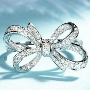 Bow Ribbon Knot Ring, Round Cut Diamond Bow Ring, Women&#39;s Engagement Proposal Ring, Wedding Promise Ring, Promise Ring, 10K White Gold Ring