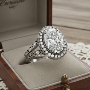 Vintage Art Deco Ring, Oval Cut Moissanite Engagement Ring, Split Shank Ring, Halo Ring, Milgrain Scrollwork Ring, 925 Sterling Silver Ring