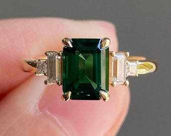 Five Stone Art Deco Diamond Ring, Green Emerald Center Engagement Ring, Princess & Baguette Cut Retro Ring, Gift For Her, 14K Gold Ring