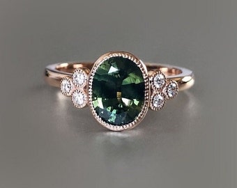 Seven Stone Bezel Set Engagement Ring, Green Emerald Gemstone Ring, Oval & Round Shape Wedding Ring, Solitaire Diamond Ring, Milgrain Ring