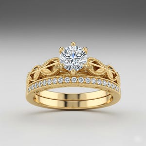 Art Deco Wedding Bridal Ring Set, Filigree Band Engagement Ring, Round Cut Moissanite Ring, Half-Eternity Nature Inspired Ring,Milgrain Ring