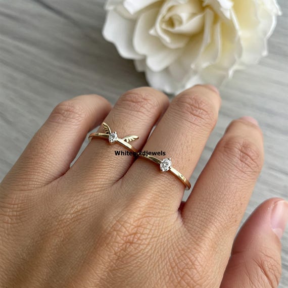 Pilot Wings Diamond Combo Ring Set, Minimalist Ring, Oval Cut