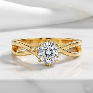 Twisted Band Engagement Ring, Round Cut Moissanite Ring, Solitaire Wedding Ring, Dainty Ring, Propose Ring-For Her, Prong Set Ring, 10K Gold