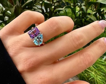 Toi Et Moi Wedding Ring, Amethyst Emerald Cut & Aqua Blue Pear Cut Gemstone Ring, Two Stone Engagement Ring, Prong Set Ring, 925 Silver Ring
