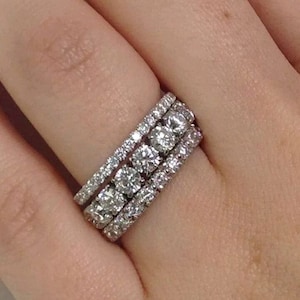 Full Eternity Wedding Band, Round Shape Moissanite Band, Trio Set Engagement Ring, Stackable Ring, Anniversary Band-For Her, 925 Silver Band