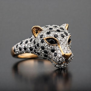 Animal Inspired Ring, Panthère Face Wedding Ring, Black-Eyed Panthère Ring, Hip Hope Ring, Bezel Set Ring, 925 Silver Yellow Plated Ring