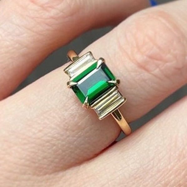 Three Stone Engagement Ring, Emerald Shape Wedding Ring, Half Bezel Set Ring, Baguette Shape Diamond Ring, Green Emerald Ring, 14K Gold Ring