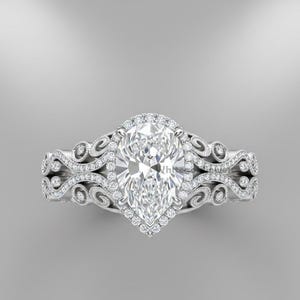 Retro Edwardian Vintage Ring, Milgrain & Filigree Scrollwork Ring, Pear Cut Moissanite Engagement Ring, Pear Shaped Halo Ring, 925 Silver