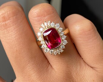Halo Engagement Ring, Pink Ruby Gemstone Ring, Cushion, Pear & Round Cut Diamond Ring, Bezel Set Wedding Ring, Solitaire Ring, 14K Gold Ring