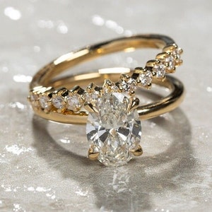 Bridal Set Ring, Half Eternity Wedding Band, Oval & Round Shape Moissanite Engagement Ring, Double Band Ring, Solitaire Ring, 14K Gold Ring