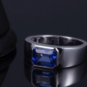 Solitaire Engagement Ring, Blue Sapphire Gemstone Ring, Emerald Cut Wedding Ring, Bezel Set Ring, Wide Band Ring, Proposal Ring, 925 Silver