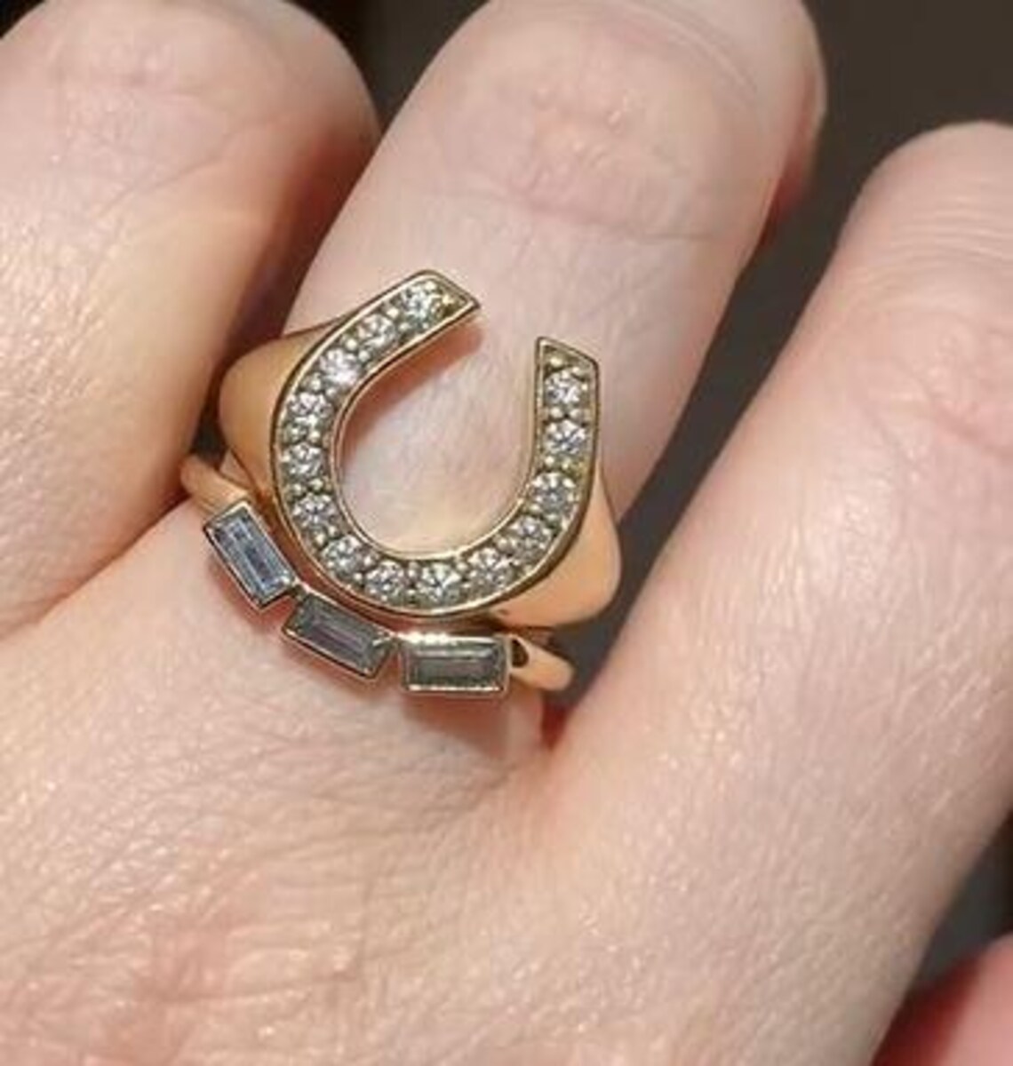 Horseshoe Wedding Ring, Bezel Set Engagement Ring, Round & Baguette Cut ...