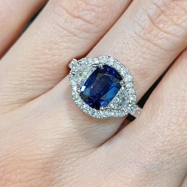 Blue Sapphire Oval Cut Wedding Ring, Halo Diamond Ring, Split Shank Engagement Ring, Two Tone Diamond Ring, Party Wear Ring, 925 Silver Ring