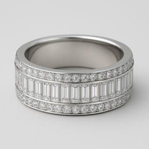 Full Eternity Wedding Band, Baguette & Round Cut Moissanite Band, Prong Set Band, Three Row Band, 925 Silver Band, Anniversary Gift For Her
