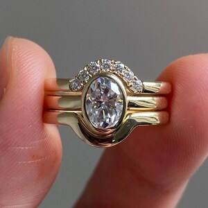 Trio Bridal Set Wedding Ring, Oval & Round Cut Lab Diamond With IGI Certified Ring, Bezel Set Ring, 14K Gold Ring, Anniversary Gift For Her