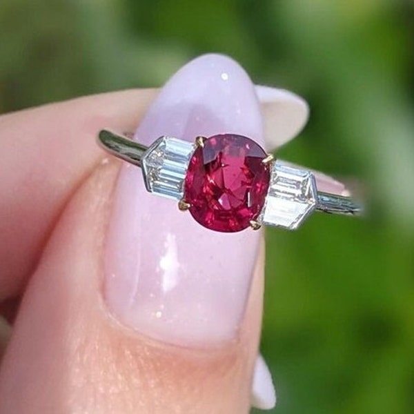 Three Stone Ring, Two Tone Ring, Pink Ruby Cushion Cut Engagement Ring, Half Bezel Set Ring, Minimalist Gem Stone Ring, 925 Silver Ring