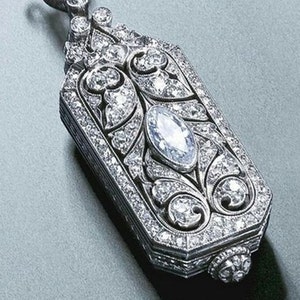 1920&#39;s Art Deco Cocktail Vintage Style Pendant, Openable Antique Locket Pendant, Marquise & Round Diamond Pendant for Woman, 925 Silver