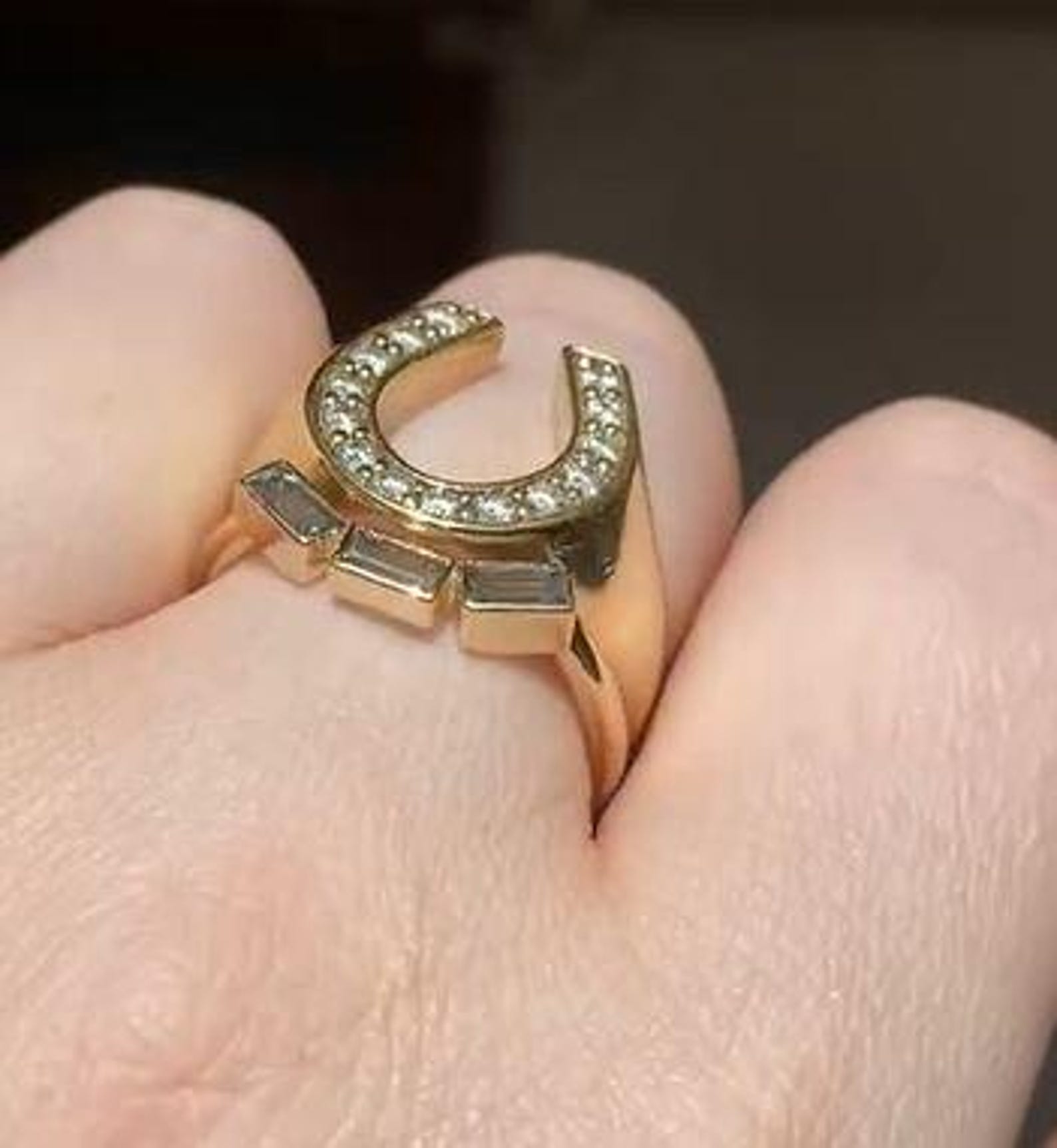 Horseshoe Wedding Ring, Bezel Set Engagement Ring, Round & Baguette Cut ...