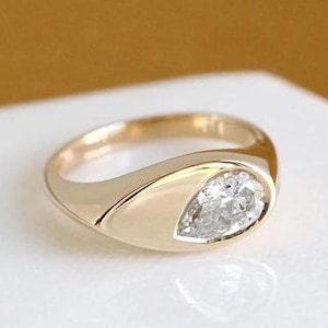 East To West Wedding Ring, Bezel Set Engagement Ring, Pear Cut Moissanite Ring, Solitaire Ring, Flush Setting Ring, Propose Ring,  14K Gold