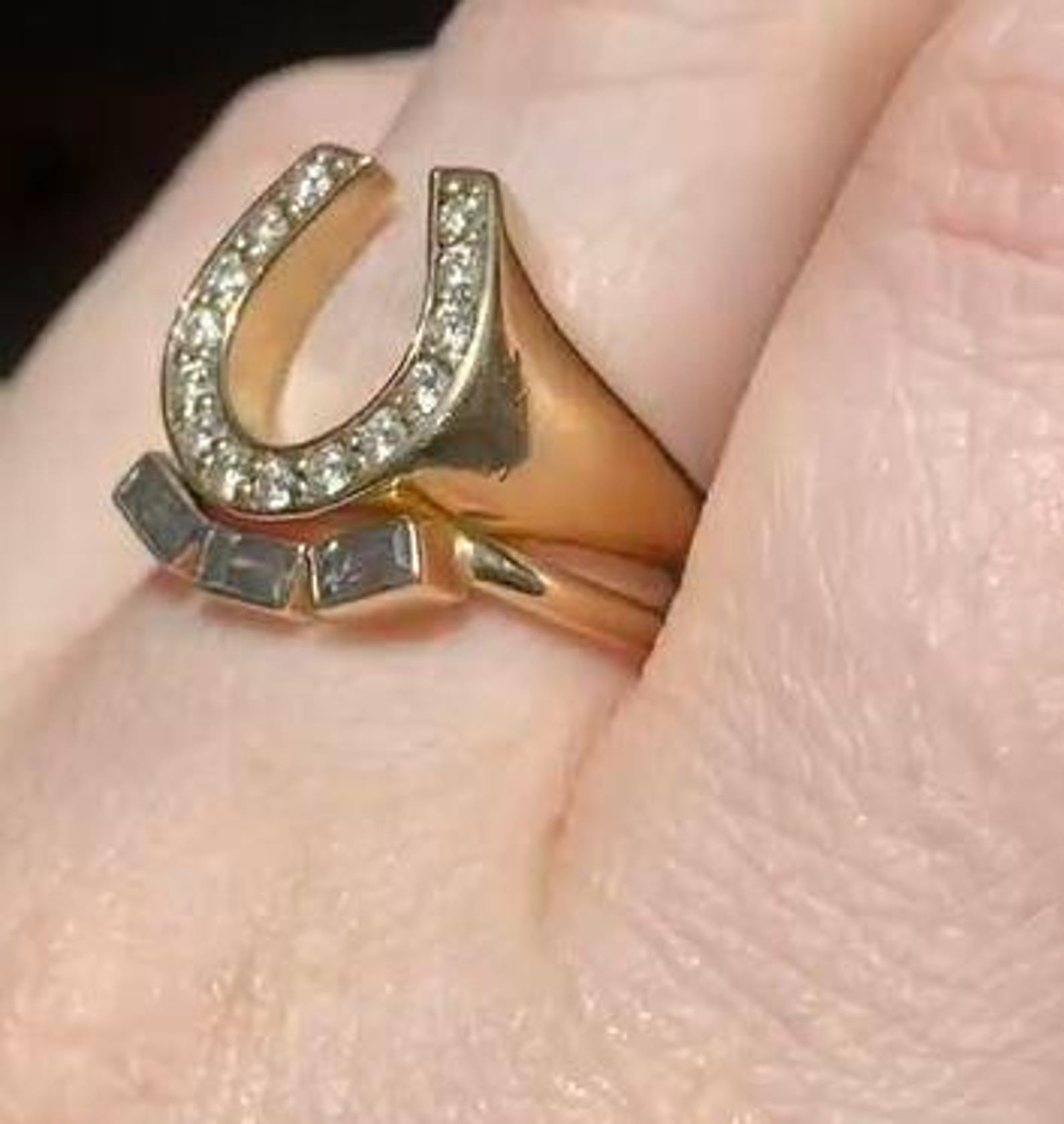 Horseshoe Wedding Ring, Bezel Set Engagement Ring, Round & Baguette Cut ...