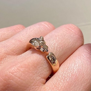 Open Cuff Jaguar Head Wedding Ring, Panther Leopard Engagement Ring, Adjustable Ring Animal Inspired Ring-For Her, 925 Yellow Plated Ring