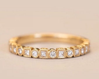 Full Eternity Band, Milgrain Band, Princess And Round Cut Diamond Wedding Band, Full Eternity Anniversary Band, 14K Yellow Gold Diamond Band