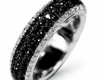 Full Eternity Wedding Band, Micro Pave Set Band, Round Cut CZ Black Diamond Engagement Band, 14K White Gold Eternity Band, Party Wear Band