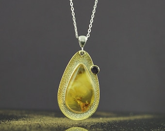 Huge Amber Pendant, Sterling Silver Amber Pendant, Amber Gold, Contemporary Jewelry