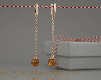 Long amber earrings, Amber earrings, Gold plated amber earrings, Drop earrings Baltic amber