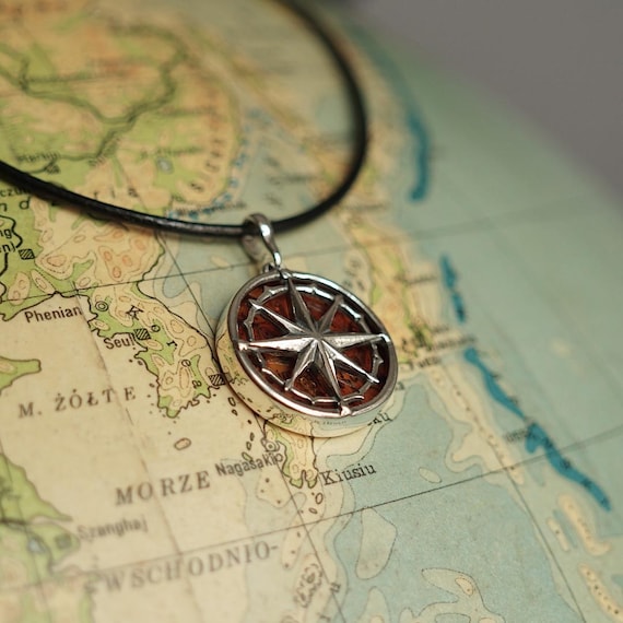 Men's amber pendant, silver compass pendant