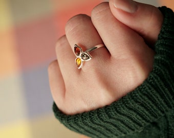 Amber ring, Three Colours Amber, Adjustable ring, Dainty amber jewelry