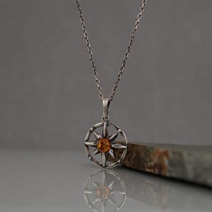 Herenketting, barnsteenhanger voor mannen, sterlingzilveren kompasketting, poolsterketting voor mannen