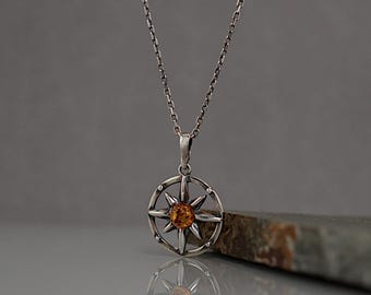 Herenketting, barnsteenhanger voor mannen, sterlingzilveren kompasketting, poolsterketting voor mannen