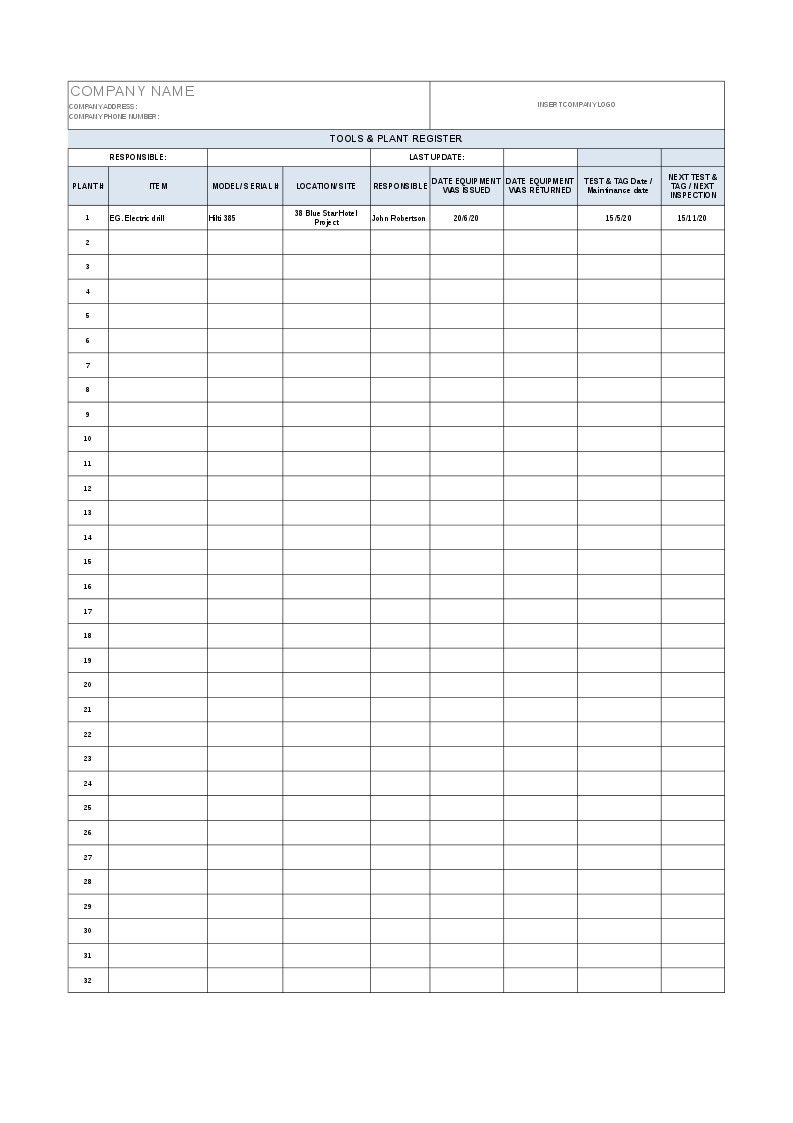 Tools & Plant Register Template, PROJECT MANAGEMENT Etsy UK