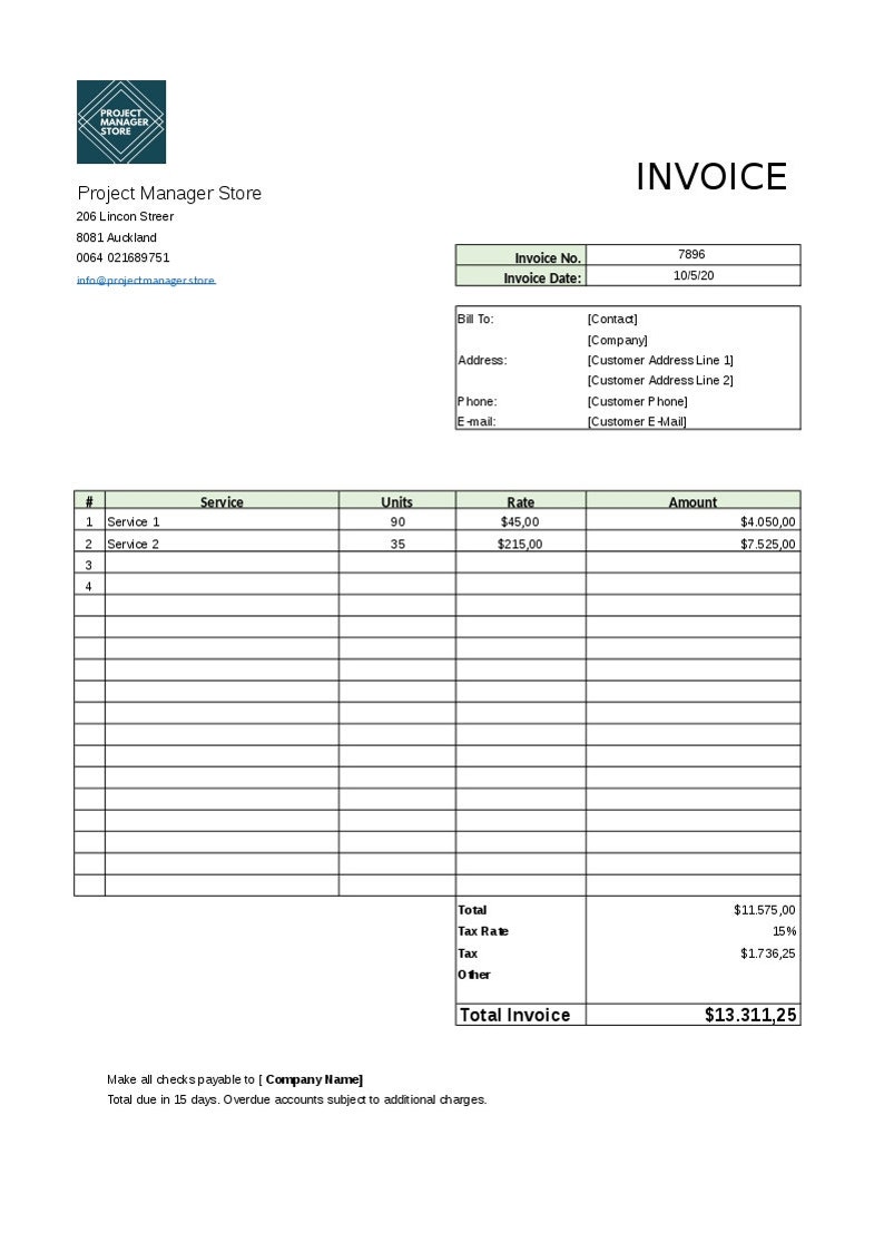 May include: Invoice for Project Manager Store with invoice number 7896 and date 10/5/20. The invoice lists services with units, rates, and amounts. The total invoice amount is $13,311.25.