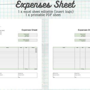 May include: A printable expenses sheet template with two columns of information. The sheet includes fields for company name, employee name, date period, manager name, service, units, rate, amount, and total. The sheet is designed for tracking expenses.