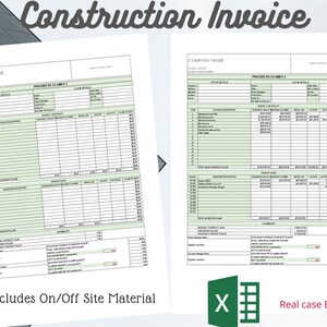 Op de afbeelding: Een sjabloon voor een bouwfactuur met de titel "Construction Invoice" en de tekst "Includes On/Off Site Material". Het sjabloon is een spreadsheet met kolommen voor "Progress vs Claim 1" en "Prices vs Claim 1".