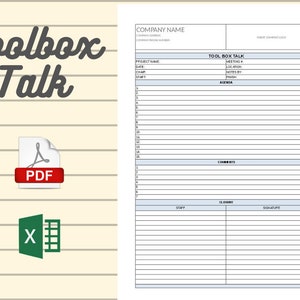 May include: A blank white toolbox talk form with the title "TOOL BOX TALK" and headings for "Meeting #", "Location", "Notes By", "Agenda", "Comments", "Staff", "Closer", and "Signature".
