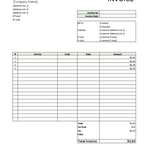 May include: A blank invoice template with fields for company name, address, phone number, email, invoice number, invoice date, bill to, contact, company, address, phone, email, service, units, rate, amount, total, tax rate, tax, other, and total invoice. The invoice has a total of $0.00. Make all checks payable to [Company Name]. Total due in 15 days. Overdue accounts subject to additional charges.