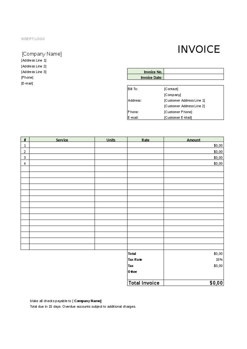 May include: A blank invoice template with fields for company name, address, phone number, email, invoice number, invoice date, bill to, contact, company, address, phone, email, service, units, rate, amount, total, tax rate, tax, other, and total invoice. The invoice has a total of $0.00. Make all checks payable to [Company Name]. Total due in 15 days. Overdue accounts subject to additional charges.