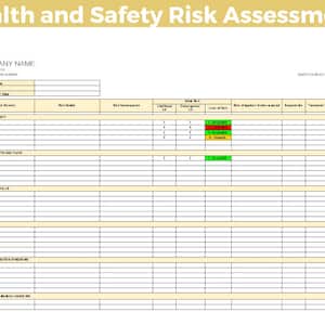 Puede incluir: Un formulario de evaluación de riesgos de salud y seguridad con una tabla que enumera los diferentes peligros, su probabilidad, consecuencia y nivel de riesgo. El formulario incluye columnas para acciones de mitigación de riesgos, responsables, tratamiento y resultado final.