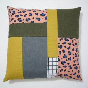 Modern geometric colourful 80s style cushion cover, contemporary printed throw pillow, modernist patchwork leopard print cushion cover