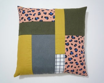 Modern geometric colourful 80s style cushion cover, contemporary printed throw pillow, modernist patchwork leopard print cushion cover